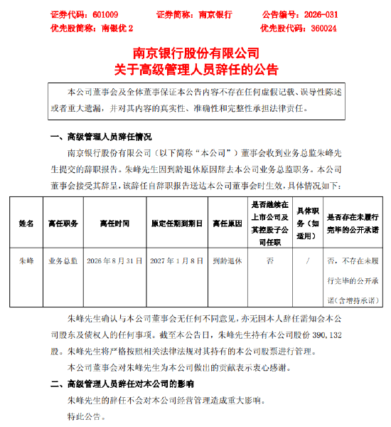 南京银行:业务总监朱峰因到龄退休辞任